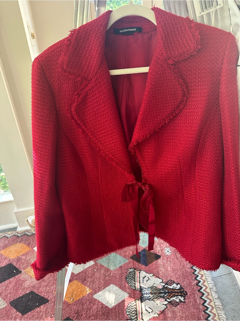Ellen Tracy Red Ribbon-Tie Textured Jacket